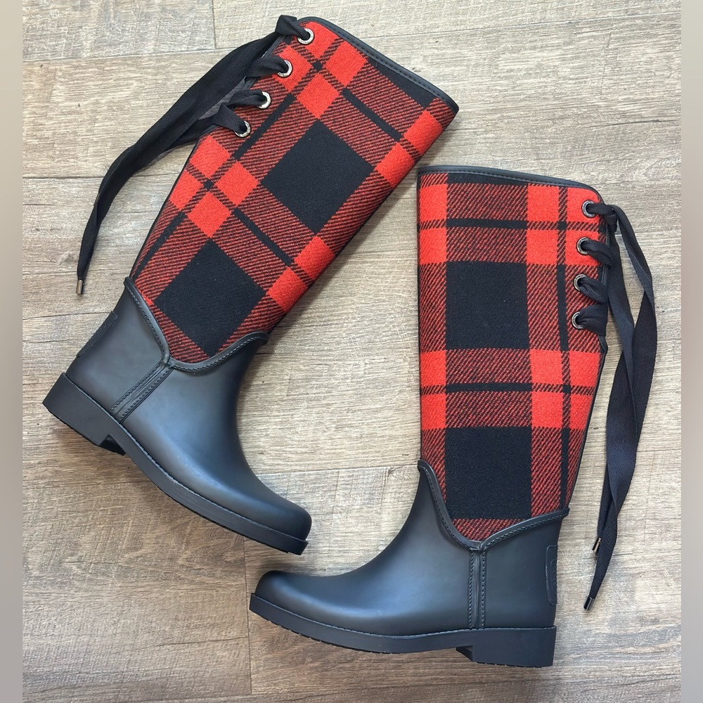 Coach Tristee Lace Up Back Fleece Lined Plaid Wool &
Rubber Rain Boots - Size 6